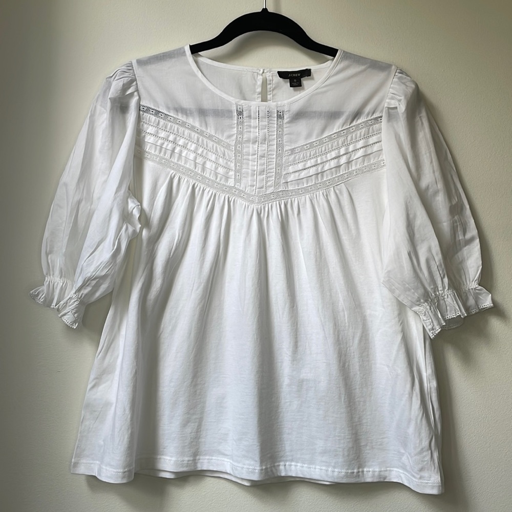 NWT J. Crew puff sleeve shirt with lace detail. Size Small